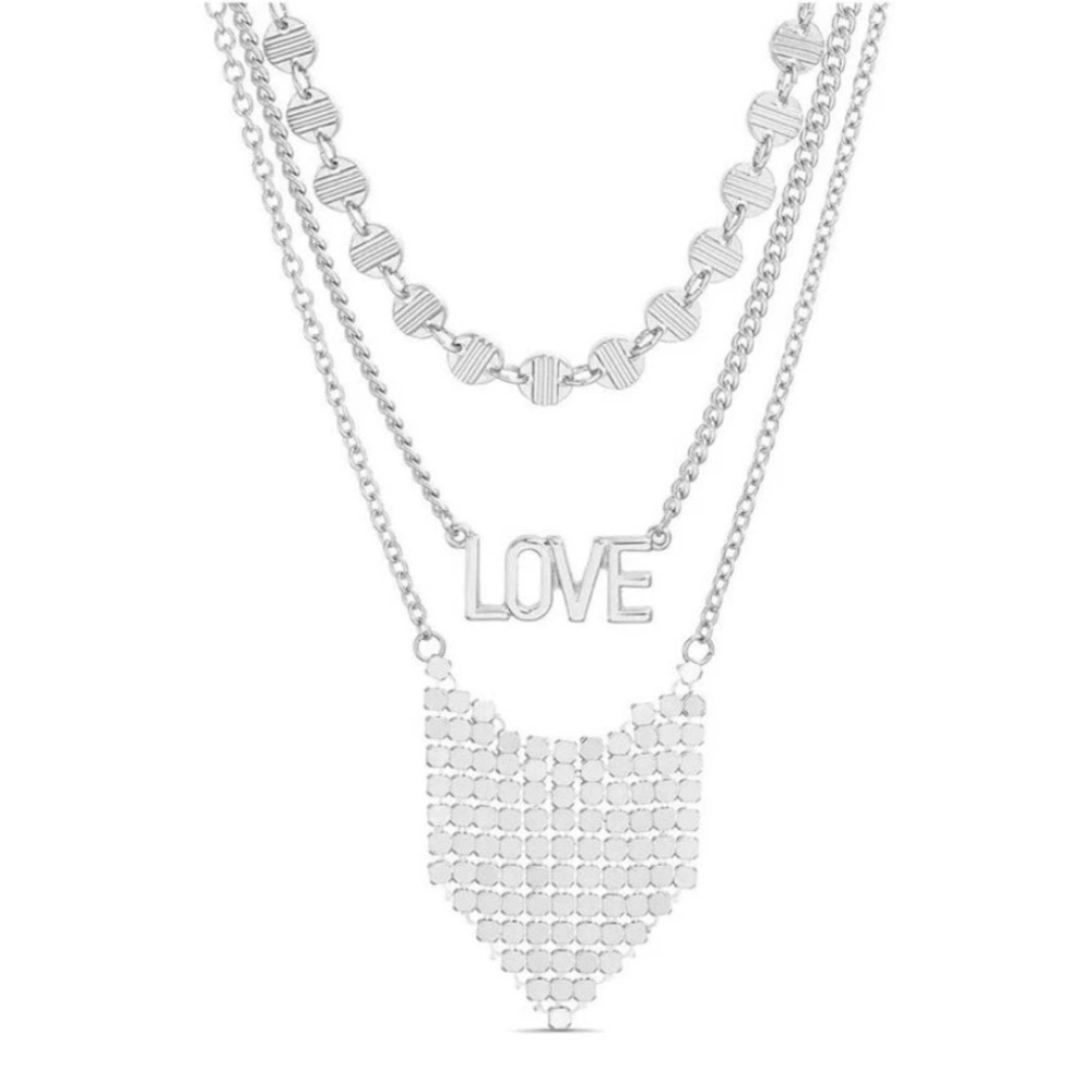 ❤️ 🆕 KENSIE 3 Piece Mixed Chain Necklace Set Silver Layered Love Necklace NIB